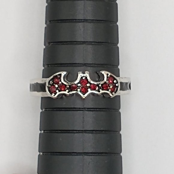 Unisex Bat Ring Silver Tone With Red Stones and Black Enamel Size 8 - Picture 5 of 9
